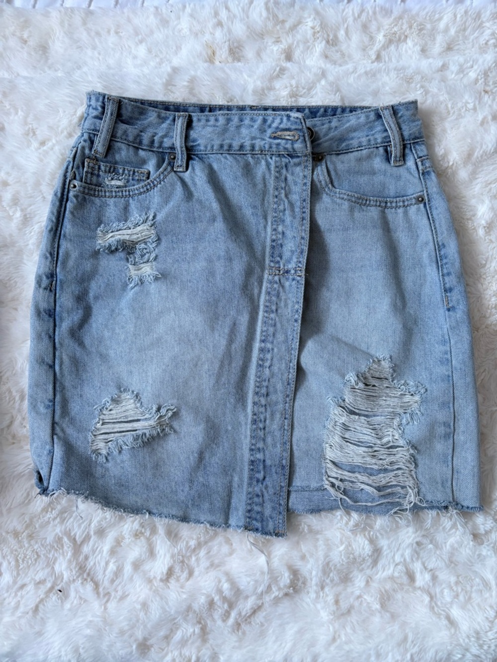 Light Blue Distressed Asymmetrical Denim Skirt
